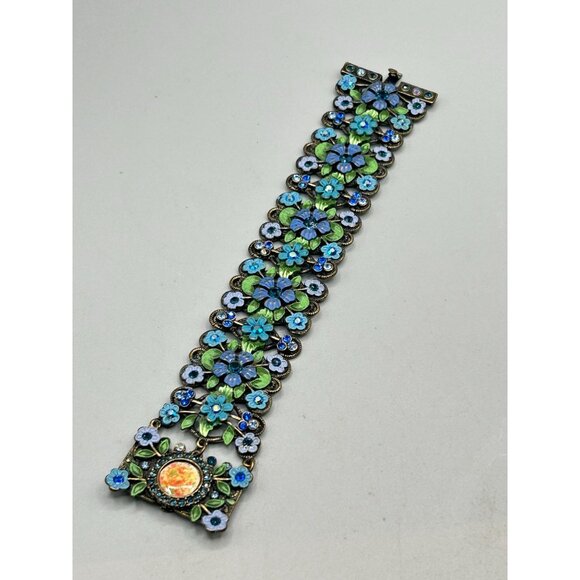 Wide Blue Enamel Flowers Bracelet Unsigned MX Michael Morrison Designer Jewelry - Picture 2 of 6